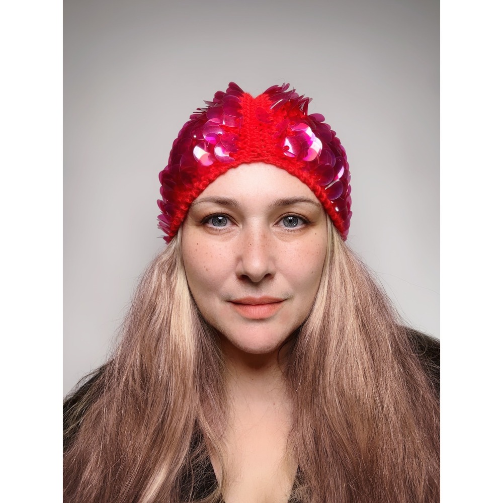 Vintage 1960s Red Wool Knit MOD Hat Large Pink Sequins Futuristic Made in Italy